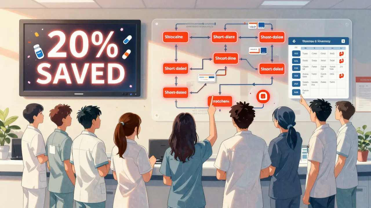 Clinic staff celebrating a 20% cost reduction on generics, with a digital dashboard and supply chain map in background.
