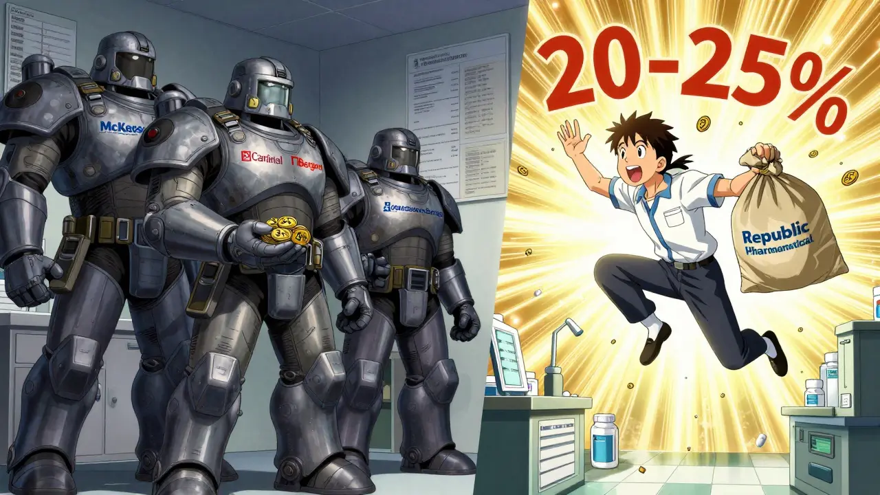 Corporate distributors offering small discounts versus a secondary distributor delivering large savings to a clinic.