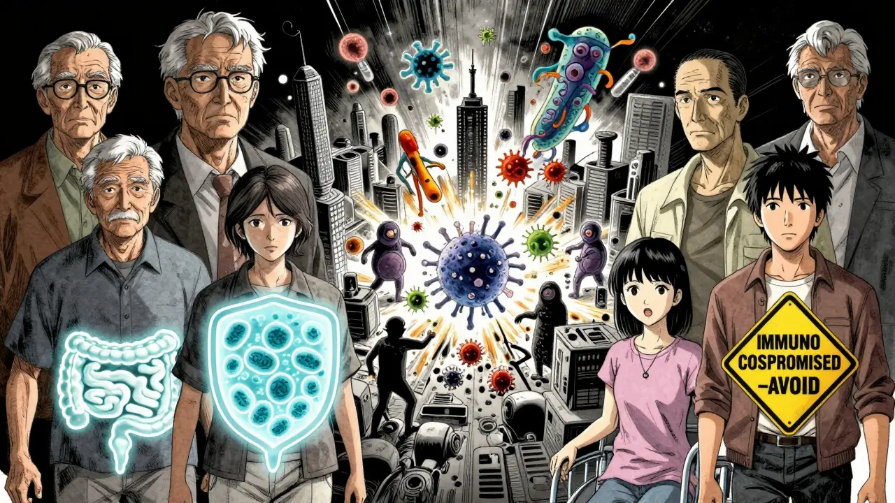 Diverse individuals with glowing gut microbiomes, one protected by probiotics, another with a warning, in a microbial city rebuilding after antibiotic damage.