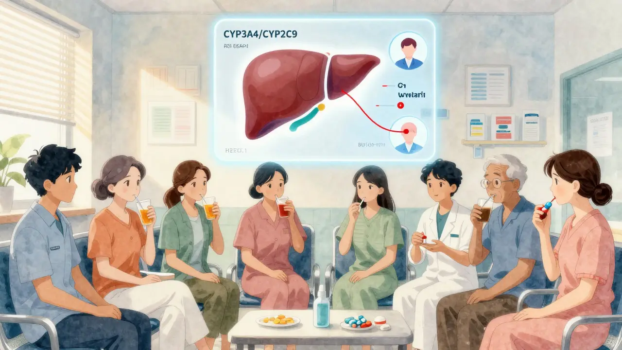 Diverse patients in a clinic with liver enzyme graphics showing only warfarin users at risk from cranberry.