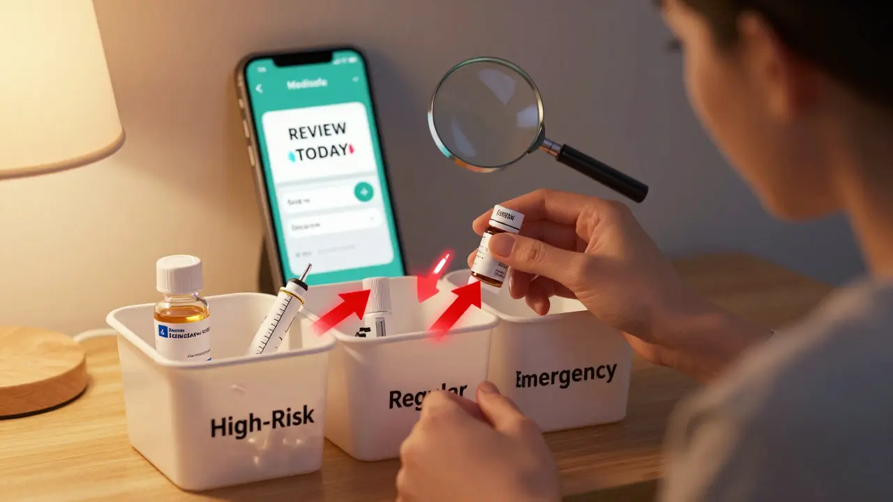 Hands sorting medications into three categories with glowing labels and a phone showing a reminder app.