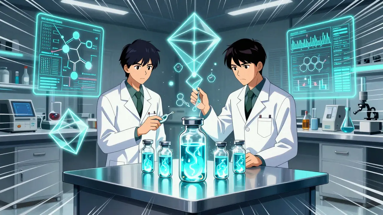 Lab scientists comparing glowing chemical vials in high-tech room