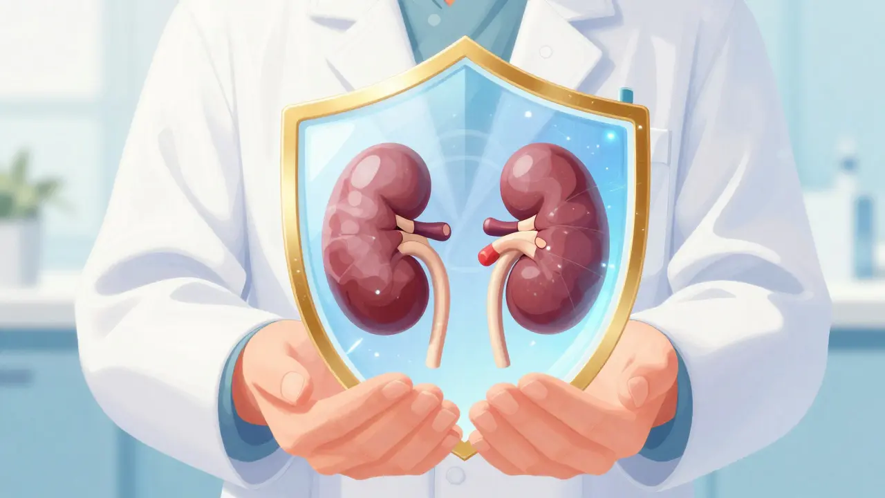 Medical professional shielding internal organs with blue light