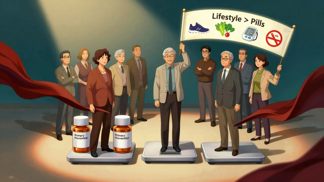 People stand on a scale comparing aspirin to lifestyle habits like exercise and healthy food.