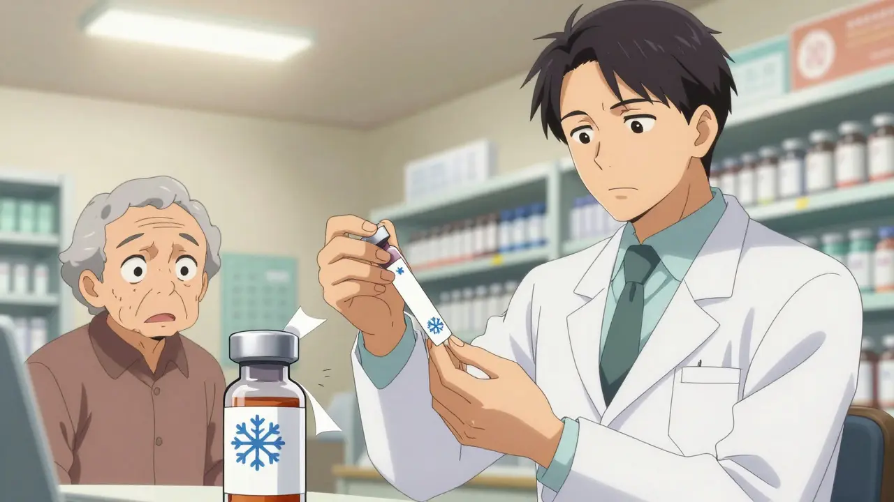 Pharmacist applying a refrigeration icon label to an insulin vial while an elderly patient watches closely in a softly lit pharmacy.
