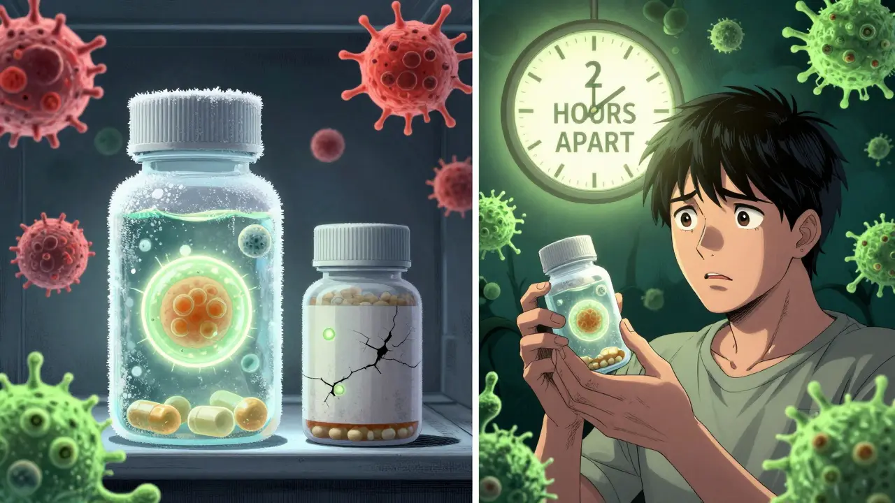 Refrigerated probiotic bottle beside a shelf-stable one, with a glowing clock showing 2 hours apart for optimal effectiveness.