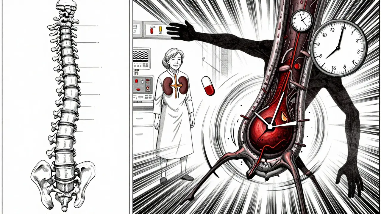 Split-panel illustration comparing healthy spine to crushed spinal cord with clock showing critical timing window for anticoagulant cessation.