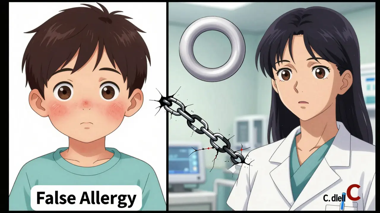 Split scene: child with rash vs adult with C. difficile, connected by a cracked chain over a beta-lactam ring, showing false allergy consequences.