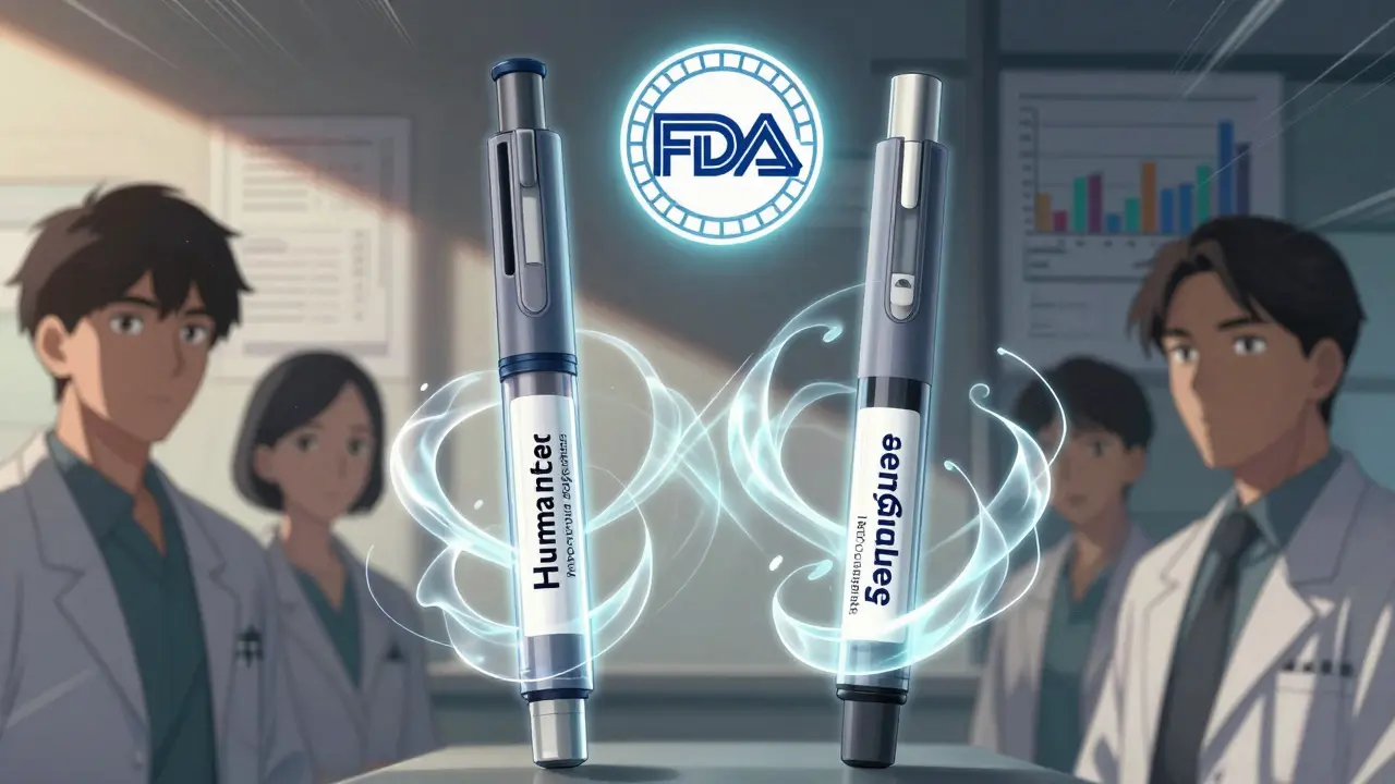 Two insulin pens side by side with glowing energy between them, representing FDA-approved interchangeable switching.