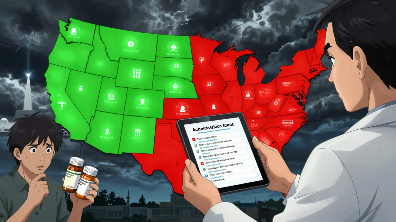 U.S. map showing states with different biosimilar substitution laws, pharmacist and patient reacting to conflicting rules.