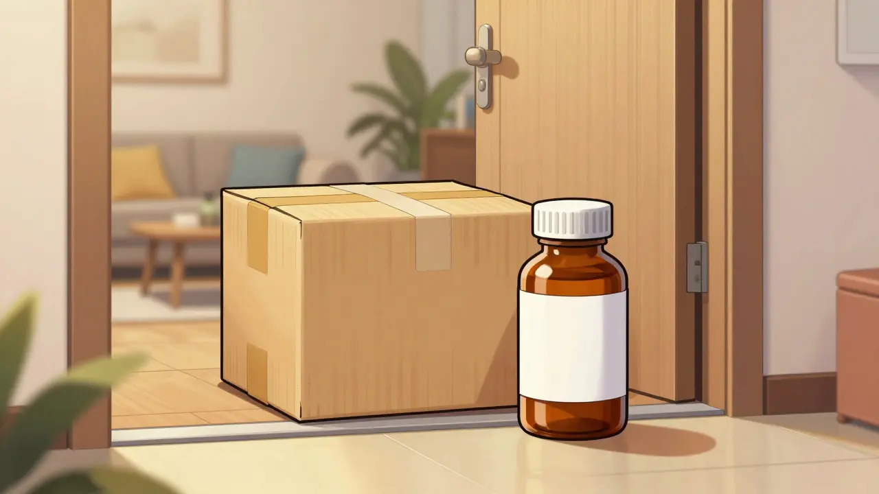 A delivered generic medication package at a home doorstep