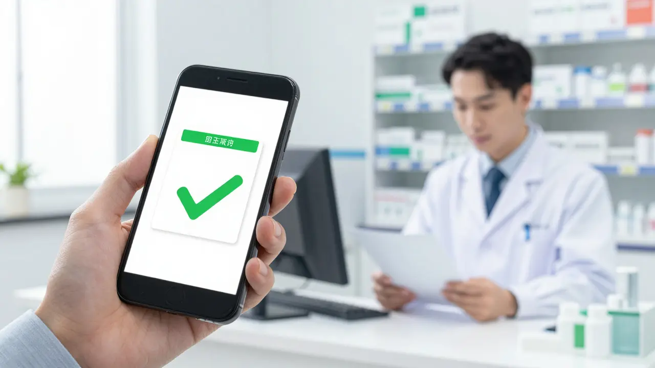 A digital prescription coupon and a pharmacist verifying a document in manhua style