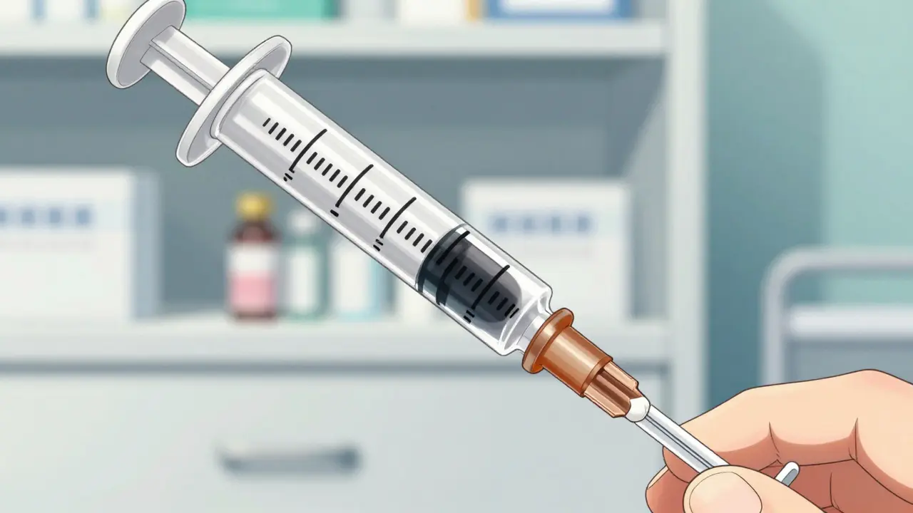 Close-up of a medical oral syringe with precise milliliter markings filled with liquid.