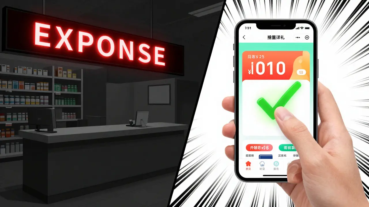 Comparison between high pharmacy prices and a discount app on a phone