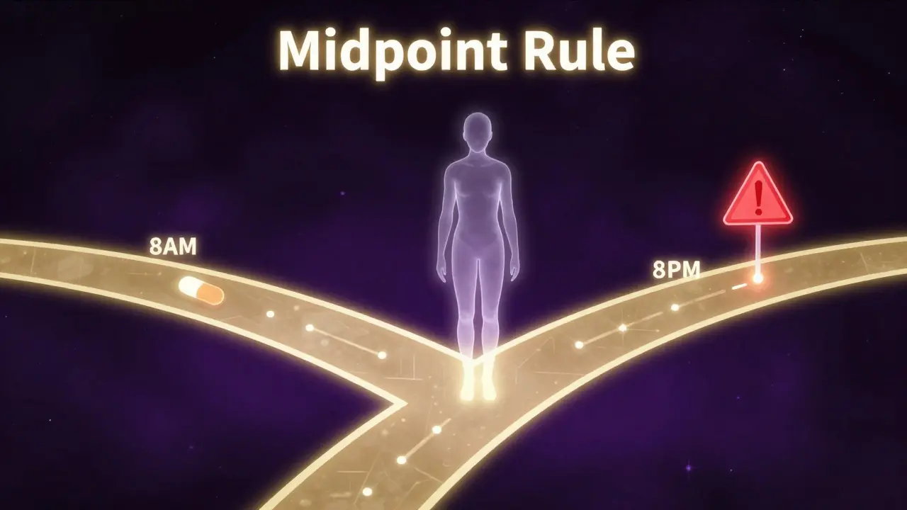 Conceptual timeline illustrating the midpoint rule for medication