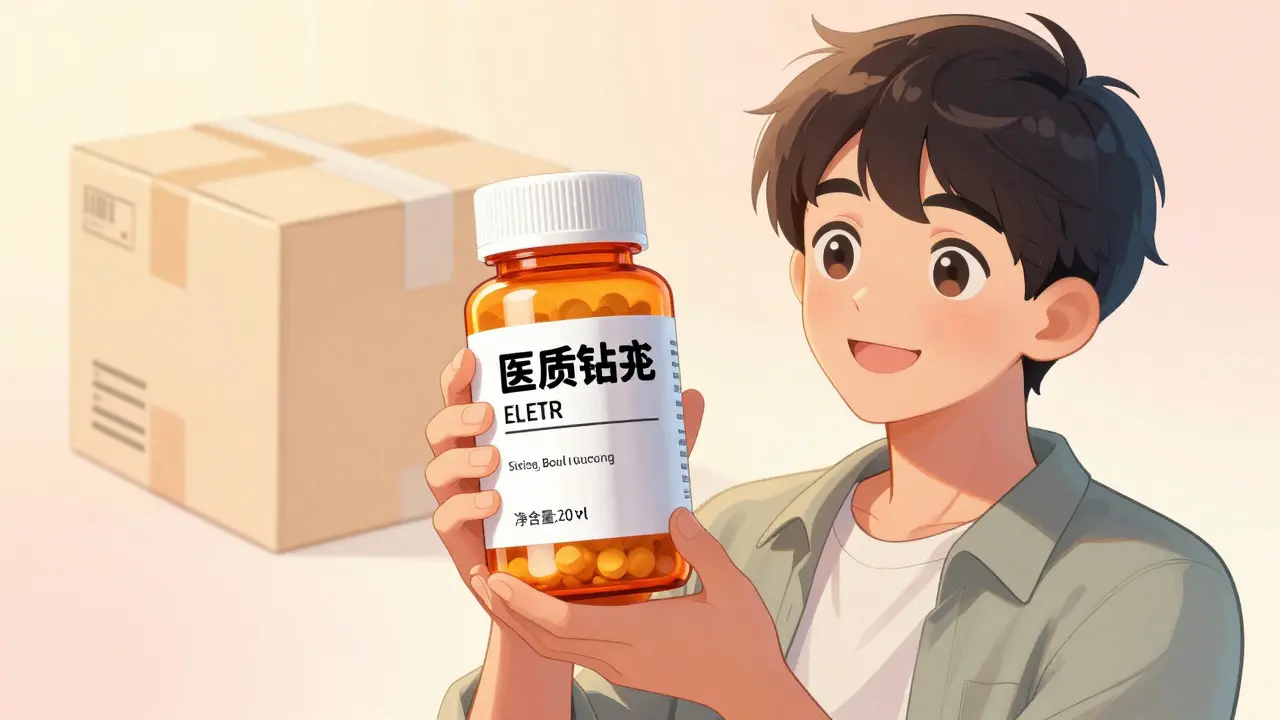 Manhua style character holding a bulk supply of generic medication with a happy expression.