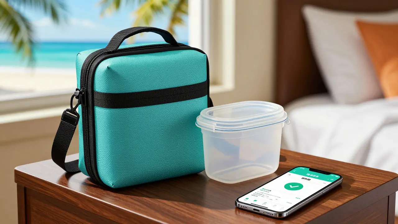 Manhua style close-up of a medical cooling pouch and an opaque pill container on a table.