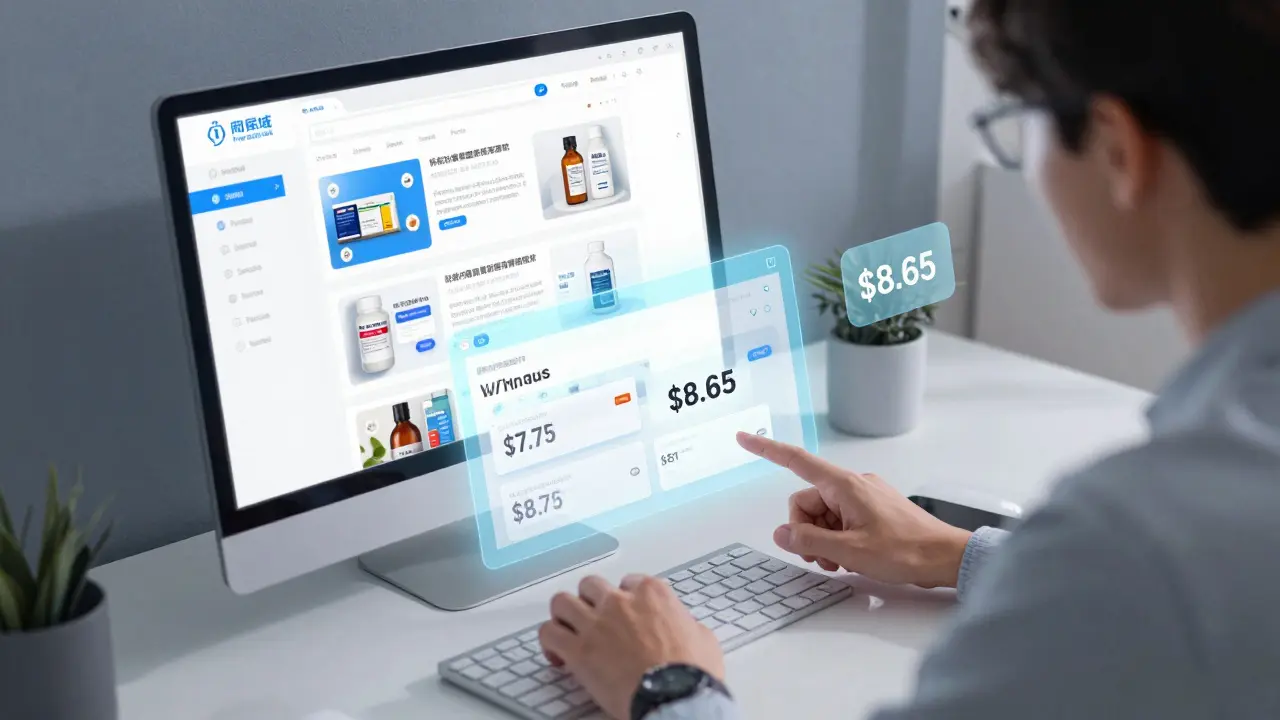 Manhua style illustration of a person comparing drug prices on a computer screen.