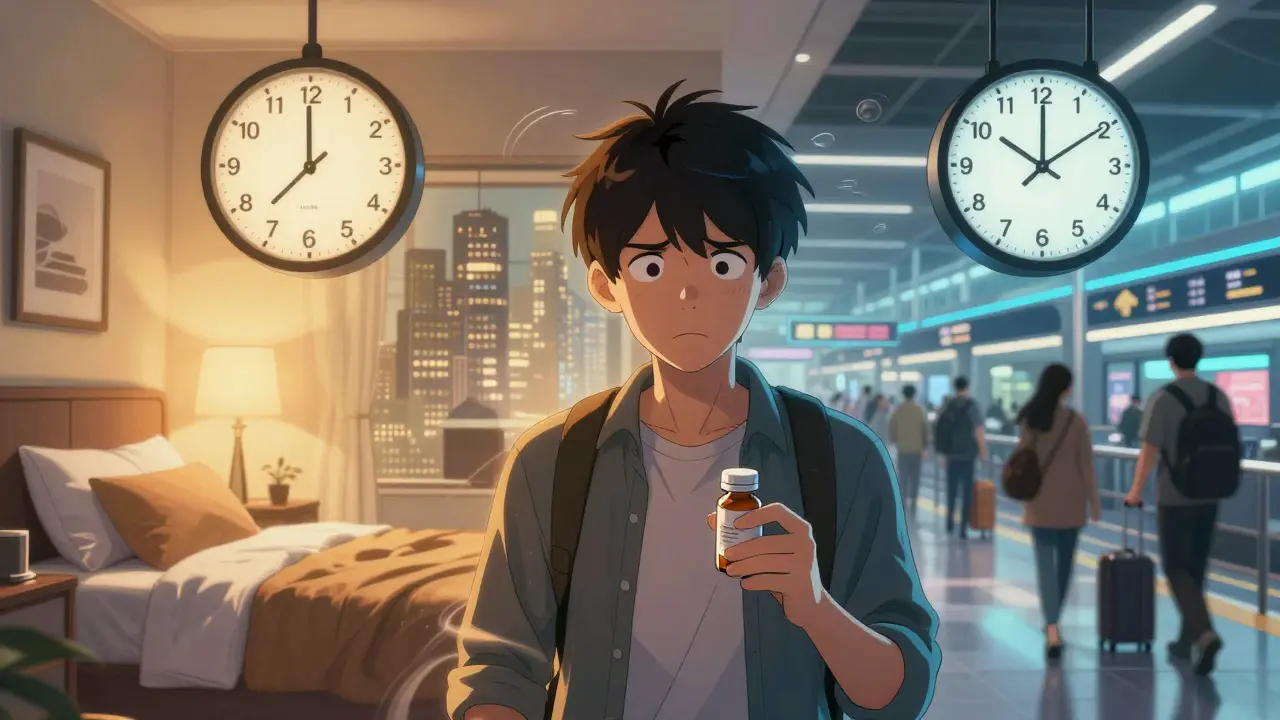 Manhua style split image showing a traveler between two different time zones with medication.