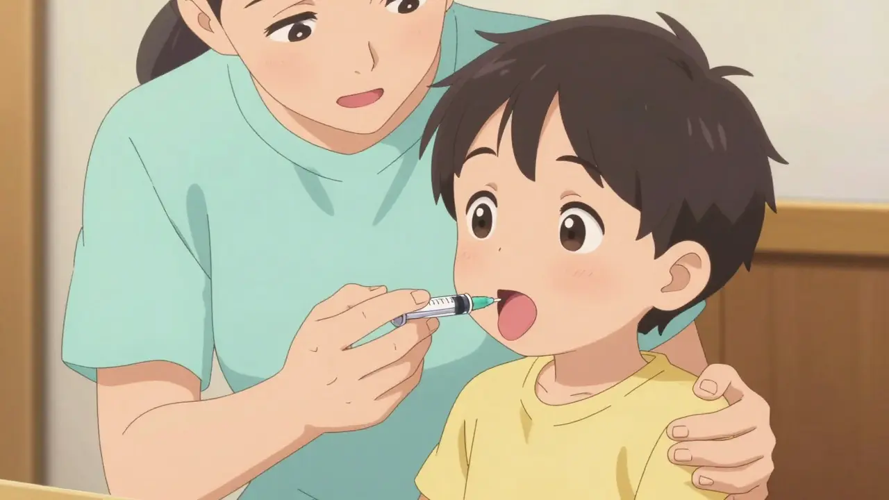 Parent safely administering liquid medicine to a child using an oral syringe in the cheek.